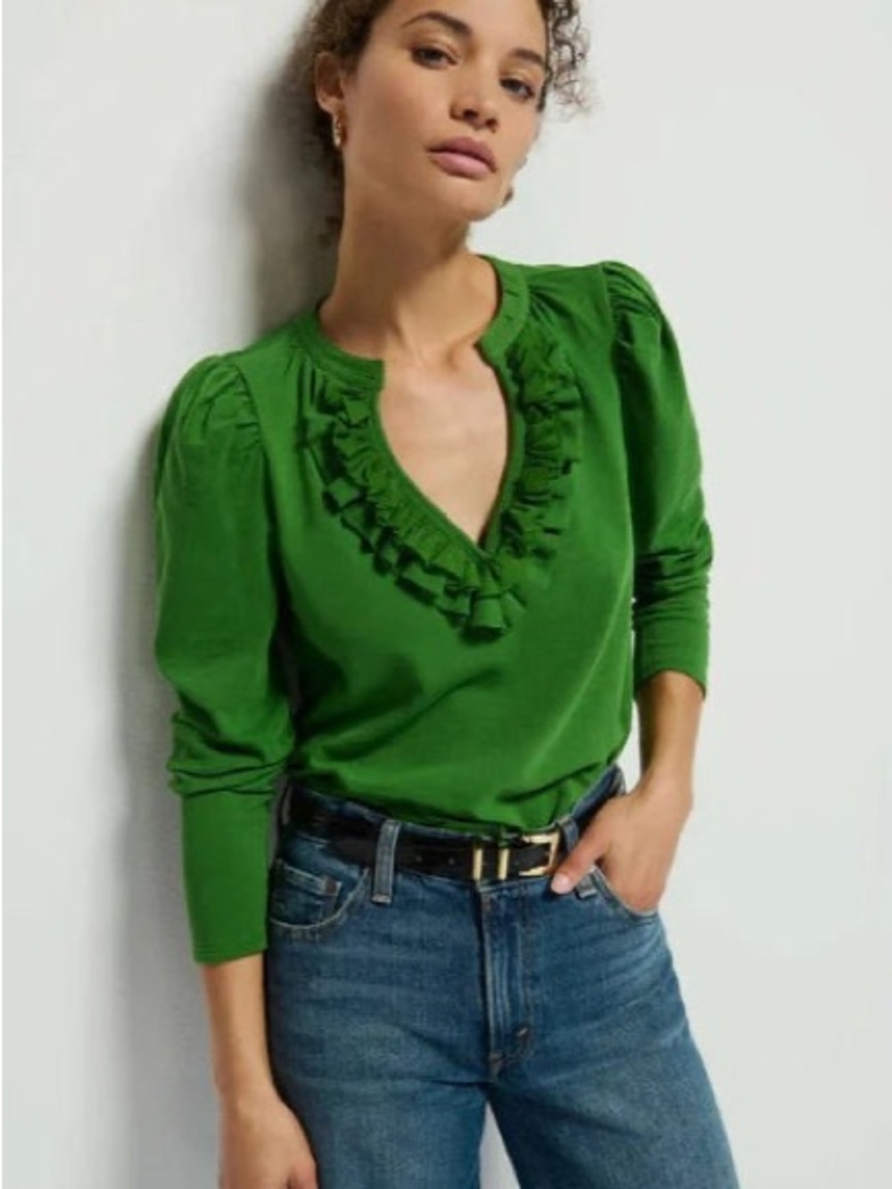 Nation LTD Green Cotton Ruffle V-Neck Long Sleeve Puff Shoulder Raw Edge Top S
